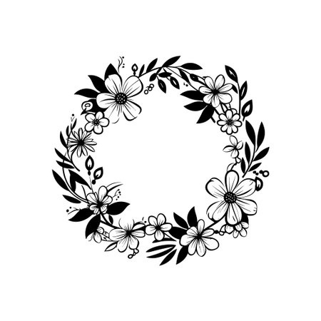 A stunning black and white floral wreath featuring an array of flowers and leaves, perfect for creative design projects and elegant decor.のイラスト素材