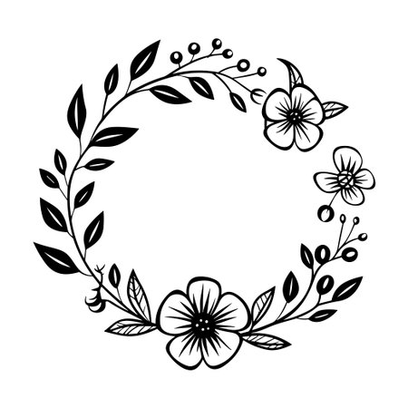 This elegant hand-drawn floral wreath features intricate leaves and blossoms, perfect for enhancing decorative projects and artistic endeavors.のイラスト素材