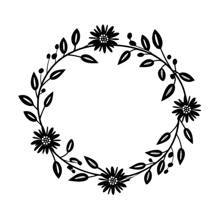 This elegant floral wreath design features delicate leaves and blossoms, perfect for invitations, greeting cards, or decorative projects.のイラスト素材