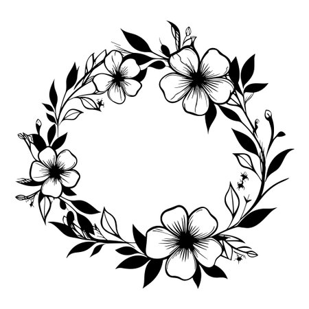 A stunning black and white floral wreath filled with beautiful flowers and delicate leaves, perfect for invitations, decor, and more.のイラスト素材