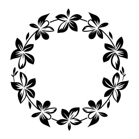 This sophisticated floral wreath design showcases intricate black flowers and leaves arranged in a circular format, ideal for various decorative projects.のイラスト素材