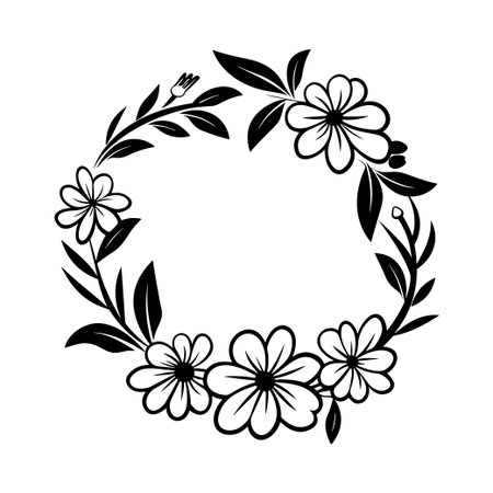 This elegant floral wreath design showcases various flowers and leaves, featuring a blank center perfect for customization or creative projects.のイラスト素材