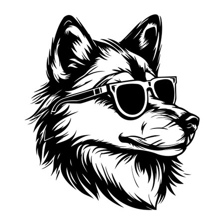 This vintage black and white illustration features a stylish dog wearing sunglasses, embodying a cool and playful personality perfect for various design projects.のイラスト素材