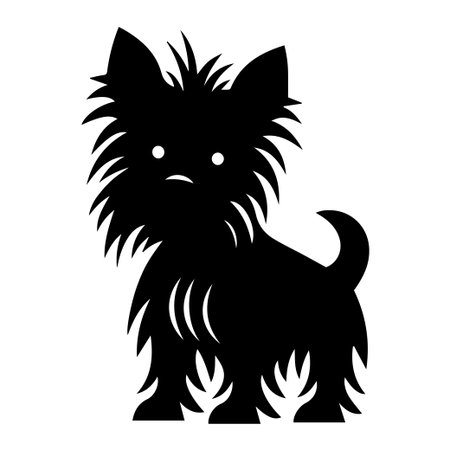 This black silhouette features a fluffy dog with a playful stance, ideal for designs that evoke joy and companionship in pet lovers.のイラスト素材