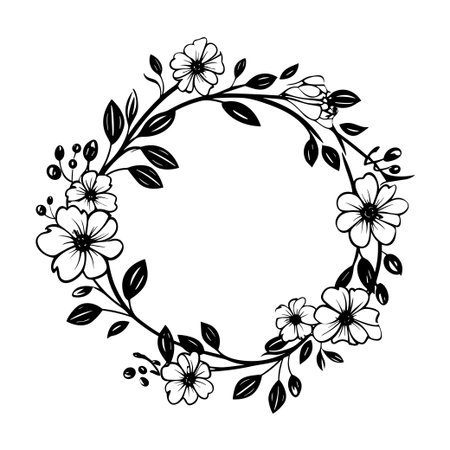 This elegant floral wreath features hand-drawn blossoms and delicate foliage, ideal for invitations, greeting cards, and decorative art.のイラスト素材