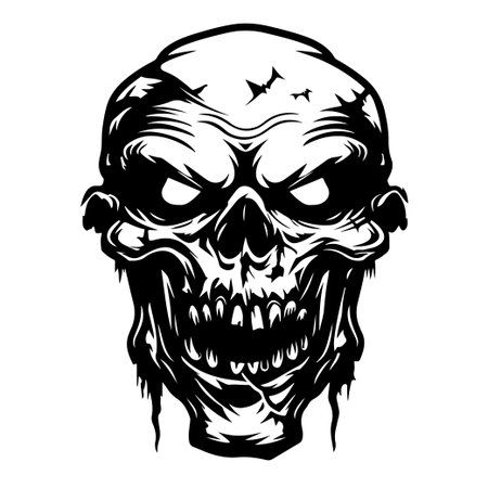 Striking black and white skull illustration showcasing intricate details and an eerie expression, perfect for horror-themed projects or designs.のイラスト素材