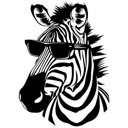Enjoy this striking black and white illustration of a trendy zebra wearing sunglasses, perfect for creative projects and eye-catching art displays.のイラスト素材