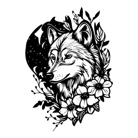 This captivating black and white illustration features a wolf surrounded by delicate flowers and leaves, creating an enchanting natural scene.のイラスト素材