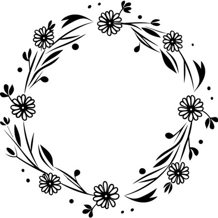 This elegant black and white floral wreath design features delicate flowers and leaves arranged in a circular shape for various creative uses.のイラスト素材