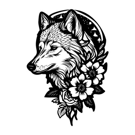 This detailed black and white illustration of a wolf blends floral elements and celestial motifs, perfect for artistic projects and decor.のイラスト素材