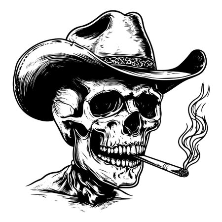 This vintage illustration features a skull wearing a cowboy hat and smoking a cigar, perfect for edgy designs and creative projects.のイラスト素材