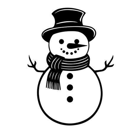 This black and white illustration features a charming snowman adorned with a top hat and scarf, ideal for winter-themed projects or decorations.のイラスト素材