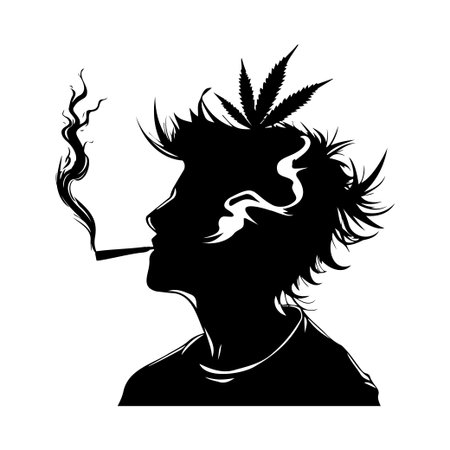This striking silhouette features a young man with smoke and cannabis leaves, capturing a vibe of relaxation and creative expression in modern art.のイラスト素材