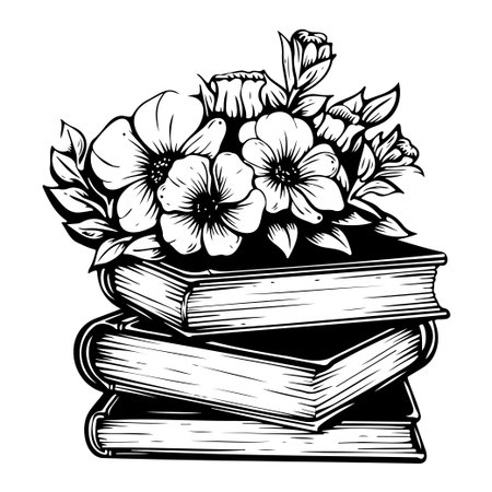 A striking black and white illustration featuring a stack of vintage books topped with a beautiful floral arrangement, perfect for education and art themes.のイラスト素材
