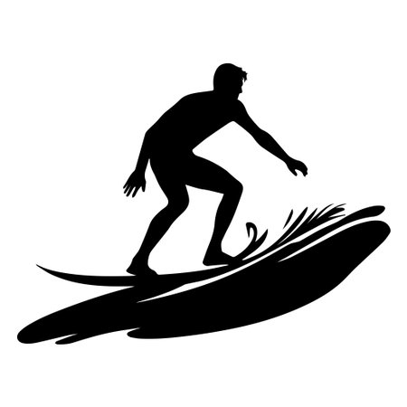 A striking silhouette of a surfer expertly riding a wave captures the essence of adventure and athleticism in water sports. Perfect for action-themed projects.のイラスト素材