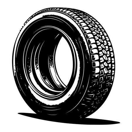 A striking black and white illustration of a detailed car tire showcasing realistic texture and shadow, perfect for automotive themes.のイラスト素材