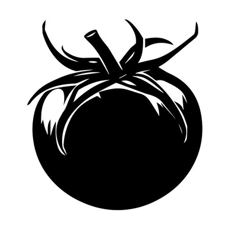 A striking black and white illustration of a tomato featuring its distinctive leaves and stem, perfect for culinary designs and botanical themes.のイラスト素材