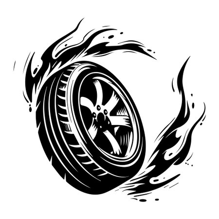 Captivating black and white illustration of a tire surrounded by flames, capturing the essence of speed and energy in racing. Perfect for automotive designs.のイラスト素材
