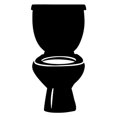 This simple black silhouette of a toilet on a white background serves as a perfect graphic representation for bathroom themes and decor ideas.のイラスト素材