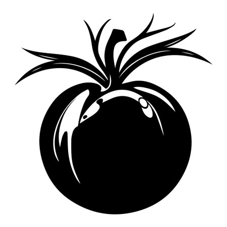This striking black silhouette of a ripe tomato showcases its glossy surface and green leaves, ideal for culinary themes, gardening, and design projects.のイラスト素材