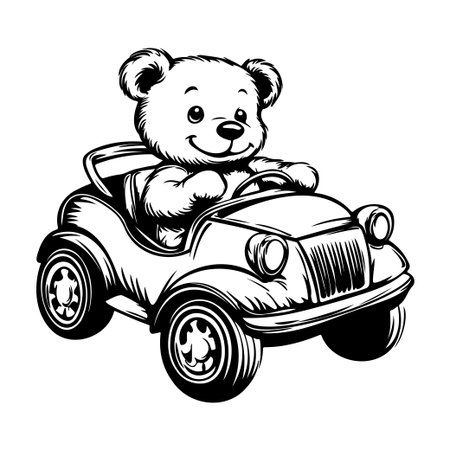 Adorable black and white illustration featuring a cheerful bear driving a tiny classic car, perfect for children's art and creative projects.のイラスト素材