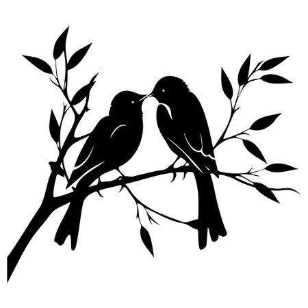 Beautiful silhouette of two birds sharing a tender moment on a branch, surrounded by leaves, symbolizing love and connection in nature.のイラスト素材