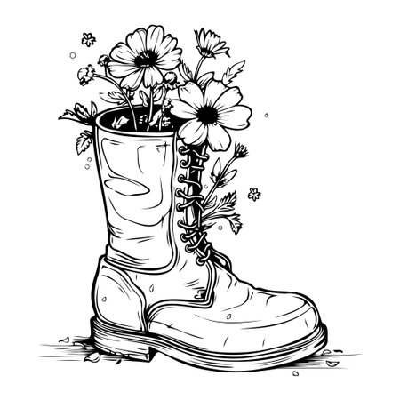 A captivating illustration of a vintage combat boot overflowing with vibrant wildflowers, symbolizing resilience and the beauty of nature.のイラスト素材