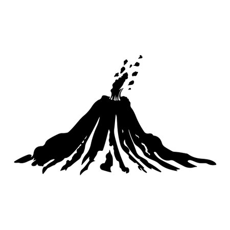 This abstract illustration features a silhouette of a volcanic mountain with flowing lava and smoke, capturing the raw power of nature's geological events.のイラスト素材