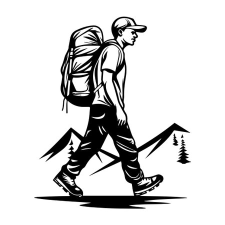 This black and white illustration depicts a solitary hiker walking with a backpack against a backdrop of mountains and pine trees, capturing the essence of adventure.のイラスト素材