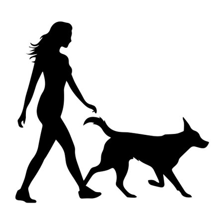 A beautiful silhouette of a woman walking her dog, capturing the essence of companionship and outdoor activity, perfect for pet lovers.のイラスト素材