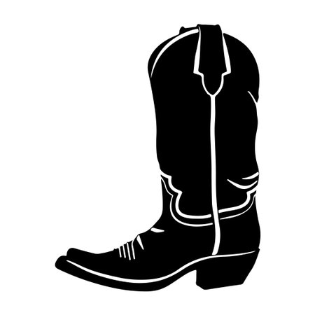 This image features a striking black silhouette of a cowboy boot, showcasing detailed stitching and traditional western design elements perfect for apparel or culture themes.のイラスト素材