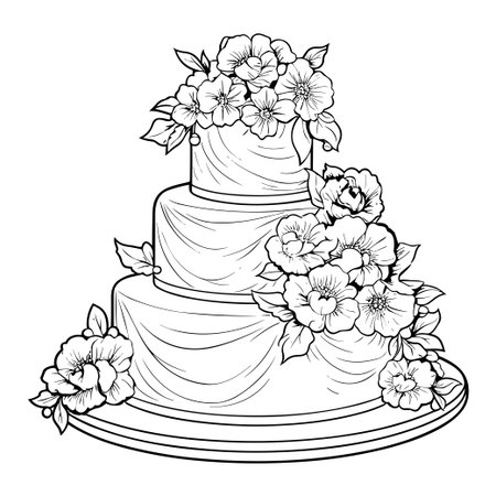 This charming illustration depicts an elegant three-tier wedding cake decorated with beautiful floral accents and draped fabric, perfect for any wedding celebration.のイラスト素材