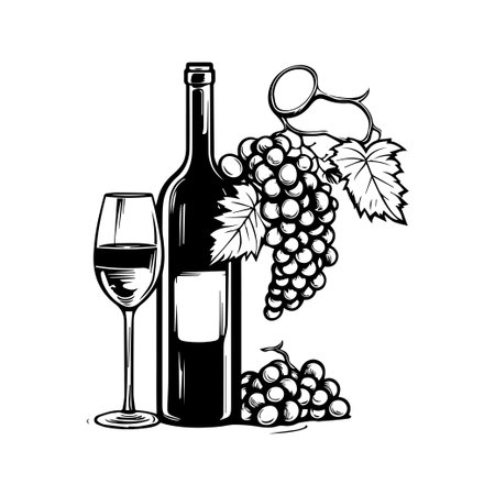 This elegant black and white illustration features a wine bottle, a glass, and a bunch of grapes, ideal for winery or vintage-themed projects.のイラスト素材