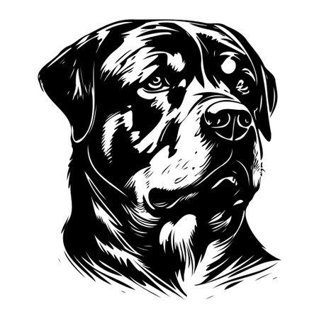 This striking black and white illustration features a detailed head of a Rottweiler, focusing on its expressive eyes and textured fur, perfect for various creative projects.のイラスト素材