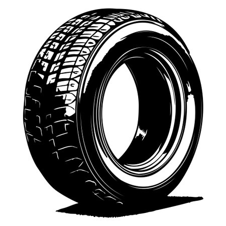 This black and white illustration features a single tire showcasing intricate tread details, ideal for automotive and industrial designs.のイラスト素材