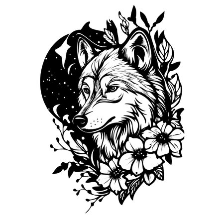 This stunning black and white illustration features a wolf's head surrounded by elegant flowers and night sky elements, showcasing nature's beauty.のイラスト素材