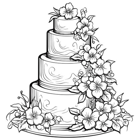 This elegant illustration features a three-tier wedding cake adorned with beautiful floral accents, perfect for any celebration or event.のイラスト素材