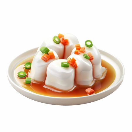 Enjoy this vibrant 3D cartoon style illustration of cheong dumplings served with colorful vegetables...