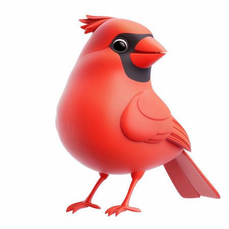 This vibrant 3D cartoon-style cardinal bird features a bright red body and playful pose, perfect for creative projects or children&#39;s media.の写真素材