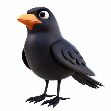 This adorable 3D cartoon bird character features a playful design perfect for various creative projects. The character stands prominently on a white background, ideal for illustrations or animations.の写真素材