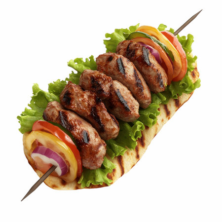 kebab on skewers with vegetables isolated on a white backgroundの写真素材