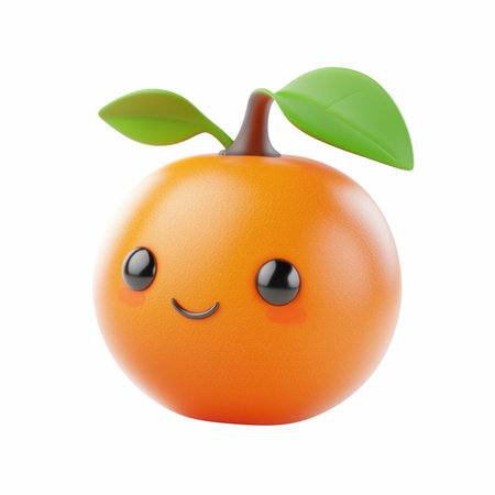 Smiling orange character with green leaves isolated on white background. 3d illustrationの写真素材