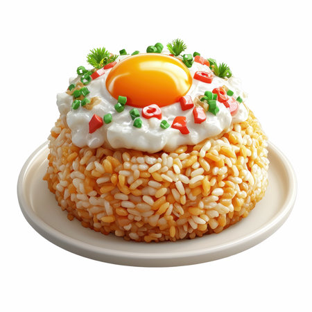 rice with fried egg on a plate isolated on a white background.の写真素材