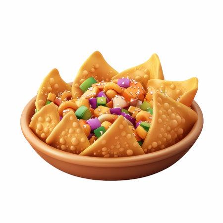 Crispy Fried Nachos in Bowl Isolated on White Backgroundの写真素材