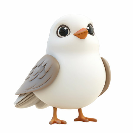 3d rendering of a cute white bird character isolated on white backgroundの写真素材