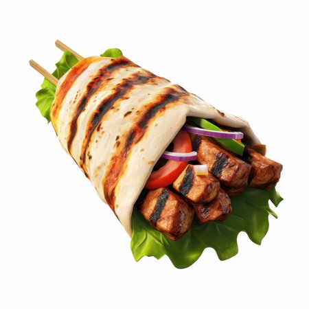 Tasty kebab with grilled meat and vegetables on white backgroundの写真素材