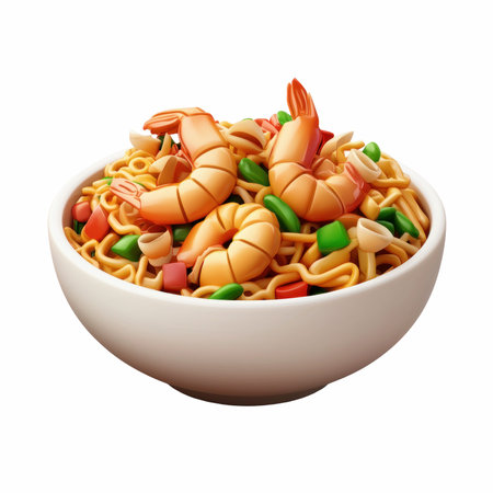 Shrimp Noodles in Bowl Isolated on White Background.の写真素材
