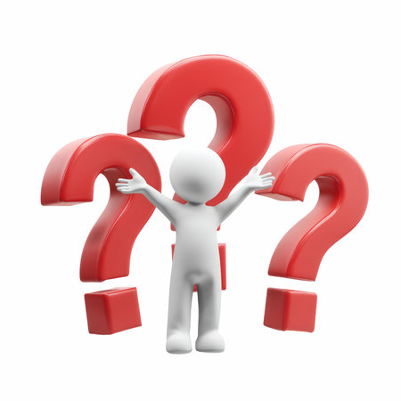 This image features a simple white human figure with outstretched arms, surrounded by red question marks. It symbolizes curiosity and inquiry, effectively capturing the essence of contemplation and wonder.の写真素材