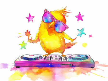 Illustration of a Cute Yellow Bird Wearing Sunglasses on a Djの写真素材