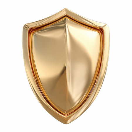 This detailed render features a smooth and reflective golden shield, perfect for design and illustration needs, adding a luxurious touch.の写真素材
